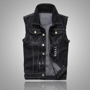 Shredded Slim Black Denim Vest