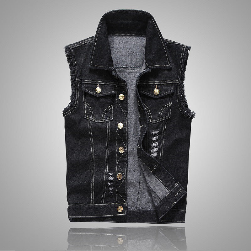 Shredded Slim Black Denim Vest