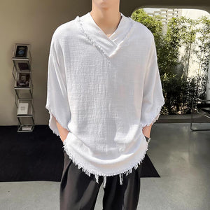 Tassels Raw Edge V Neck Half Sleeves T-Shirt