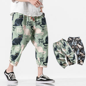 Cat Print Casual Cropped Pants