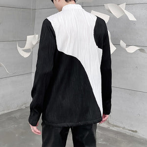 Textured Contrast Stand Collar Long Sleeve T-Shirt