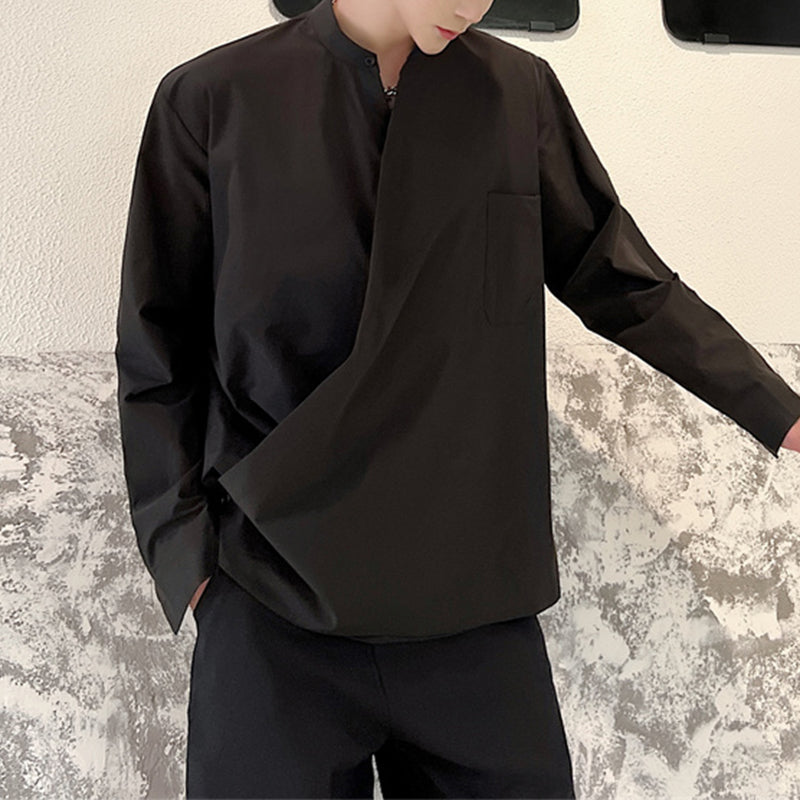 Diagonal Placket Simple Long Sleeve Shirt