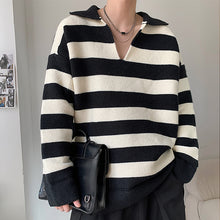 Load image into Gallery viewer, Black and White Contrasting Stripe V-Neck Sweater
