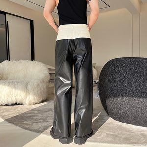 Color Block Denim Paneled PU Leather Trousers