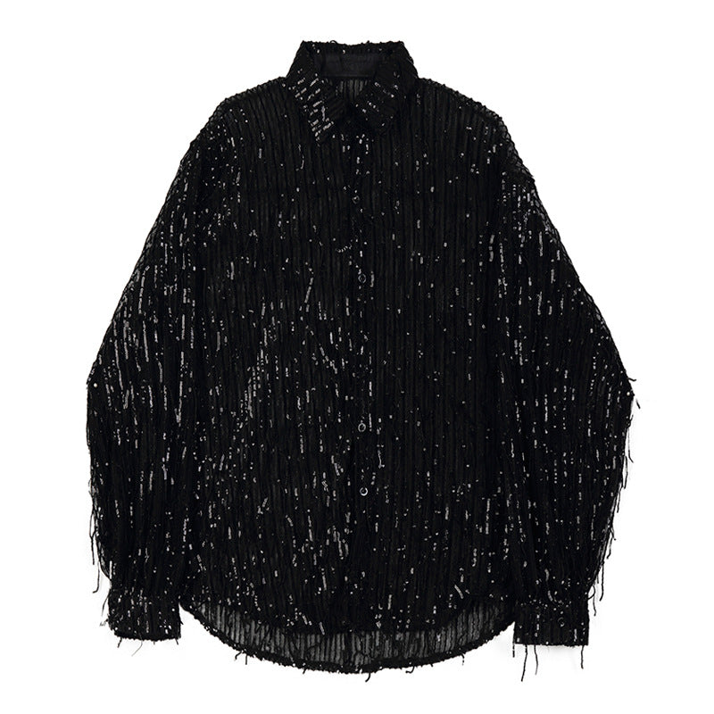 Fringed Sequined Mesh Shirt