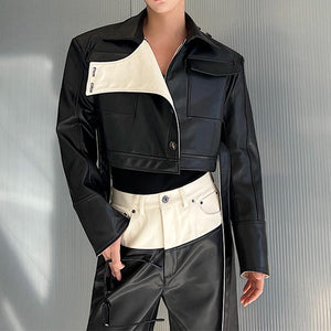 Contrast Color Stitching Shoulder Pads PU Cropped Jacket