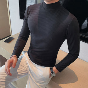 Half Turtleneck Slim Striped Long Sleeve Top