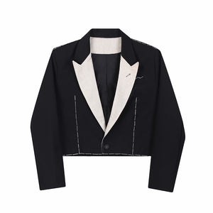 Linen Contrast Collar Cropped Blazer