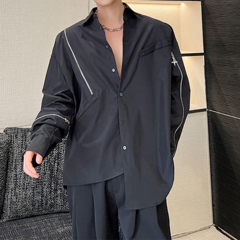 Irregular Zip Slits Shoulder Pads Long Sleeve Shirt