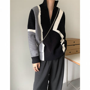 Zip Turtleneck Patchwork Knit Sweater