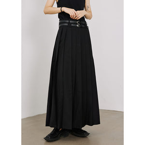 Double Belt Pleated A-line Skirt