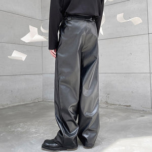 Solid Color Straight Loose PU Leather Pants