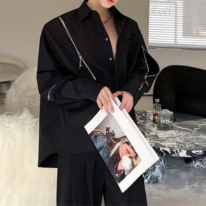 Irregular Zip Slits Shoulder Pads Long Sleeve Shirt