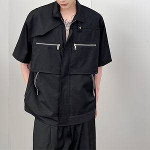 Multi-Zip Stand Collar Short Sleeve Shirt