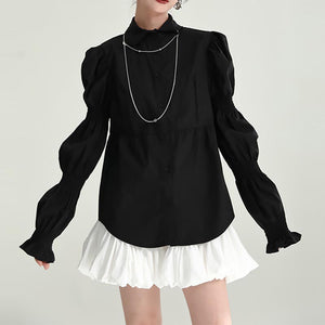 Puff Sleeve Lapel Collar Solid Color Shirt