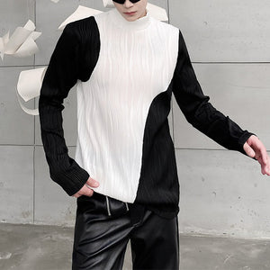 Textured Contrast Stand Collar Long Sleeve T-Shirt