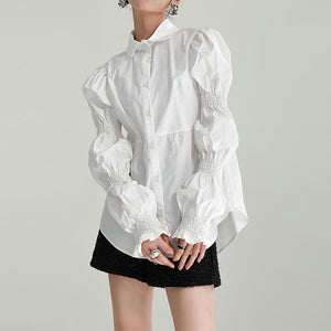 Puff Sleeve Lapel Collar Solid Color Shirt