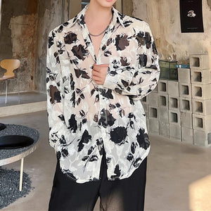 Floral Print Tulle Sheer Long Sleeve Shirt