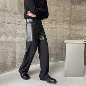 Contrast Color Leather Straight Leg Pants