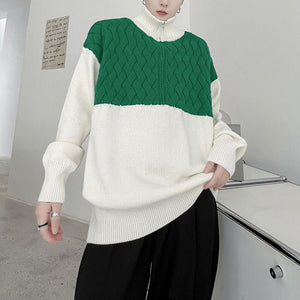 Turtleneck Zip Contrast Twist Pullover Sweater