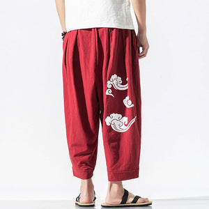 Cotton Linen Print Loose Ninth Pants