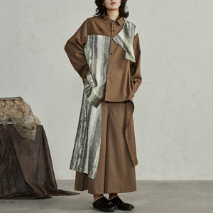 Irregular Patchwork Long-sleeved Shirt Multi-piece Wide-leg Pants Suit