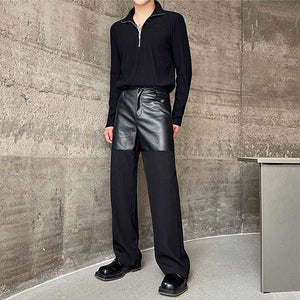 Contrast Color Leather Straight Leg Pants