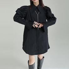 Load image into Gallery viewer, Irregular Lapel Puff Sleeves Mid Length Shirt
