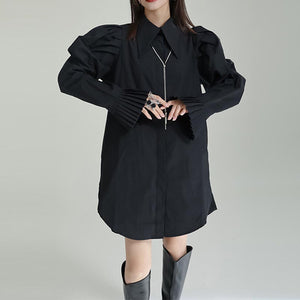 Irregular Lapel Puff Sleeves Mid Length Shirt