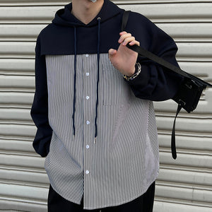 Striped Shirt Patchwork Hooded Jacket