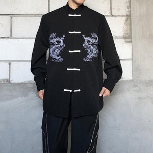 Vintage Buckle Stand Collar Dragon Embroidery Shirt