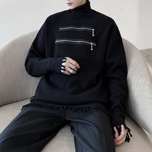 Dark Fringe Zipper Trim Turtleneck Sweater