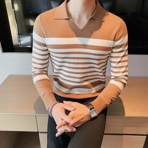 Striped Long-sleeve Knitted Polo Shirt