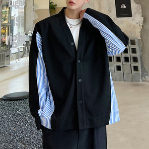 Striped Colorblock Casual Collarless Shirt Cardigan