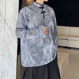 Ink Pattern Stand Collar Buckle Long Sleeve Shirt