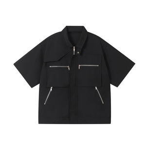 Multi-Zip Stand Collar Short Sleeve Shirt