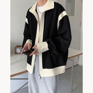 Retro Lapel Knit Colorblock Loose Jacket