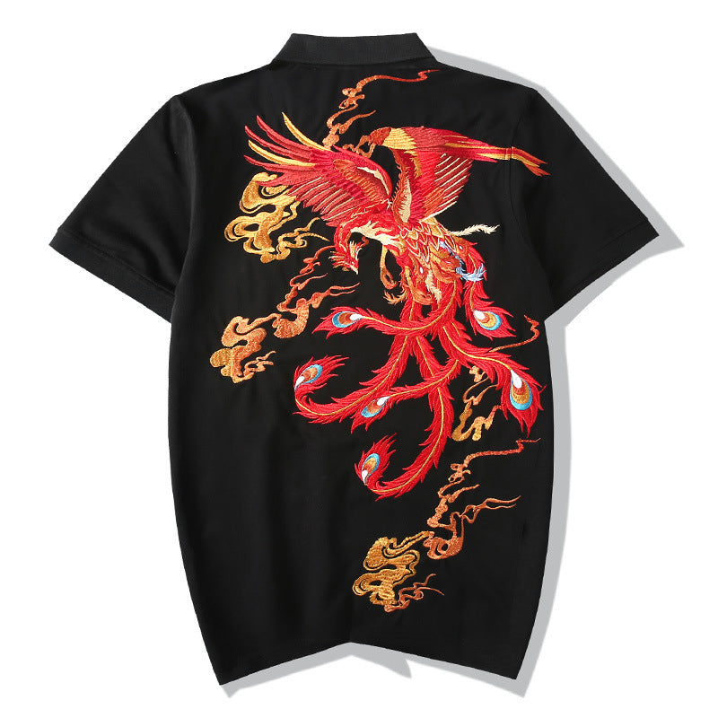 Phoenix Embroidered Short Sleeve Lapel T-Shirt