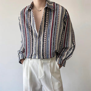 Vintage Stripe Print Lapel Long Sleeve Shirt