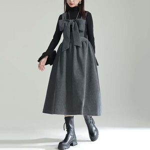 Woolen Bowknot Suspender Dress