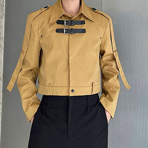 Metal Leather Buttoned Lapel Collar Short Jacket