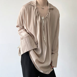 Drawstring Lapel Long Sleeve Loose Shirt