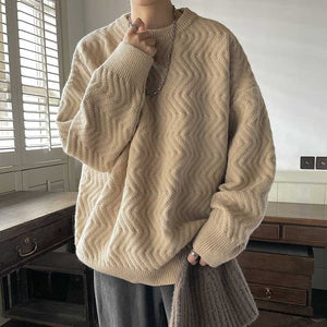 Wavy Crew Neck Solid Color Knit Sweater