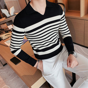 Striped Long-sleeve Knitted Polo Shirt