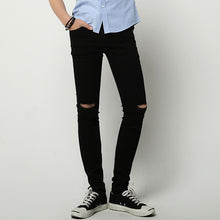 Load image into Gallery viewer, Thin Knee Ripped Black Slim Jeans
