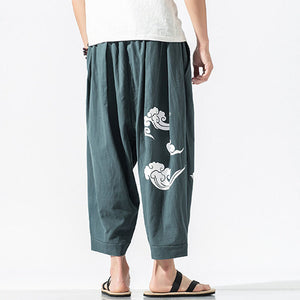 Cotton Linen Print Loose Ninth Pants