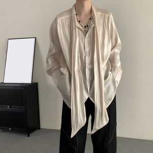 Solid Color Pleated Ribbon Casual Shirt