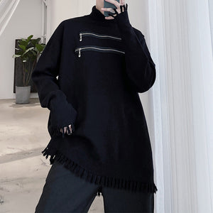 Dark Fringe Zipper Trim Turtleneck Sweater