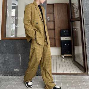 Retro Khaki Check Simple Blazer And Pant Set