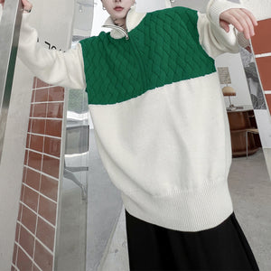 Turtleneck Zip Contrast Twist Pullover Sweater